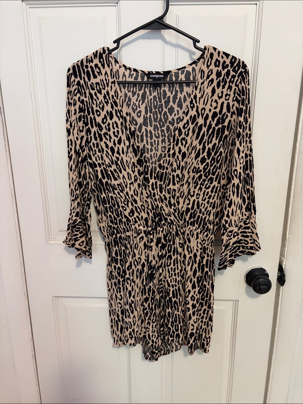 Express Leopard-Print V-Neck Romper in Beige and Black